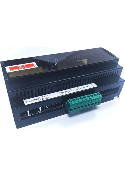 Network 4 Röle Kontrol 4 input Modülü - ön görünüm, RJ45 ve röle klemensleri görünür