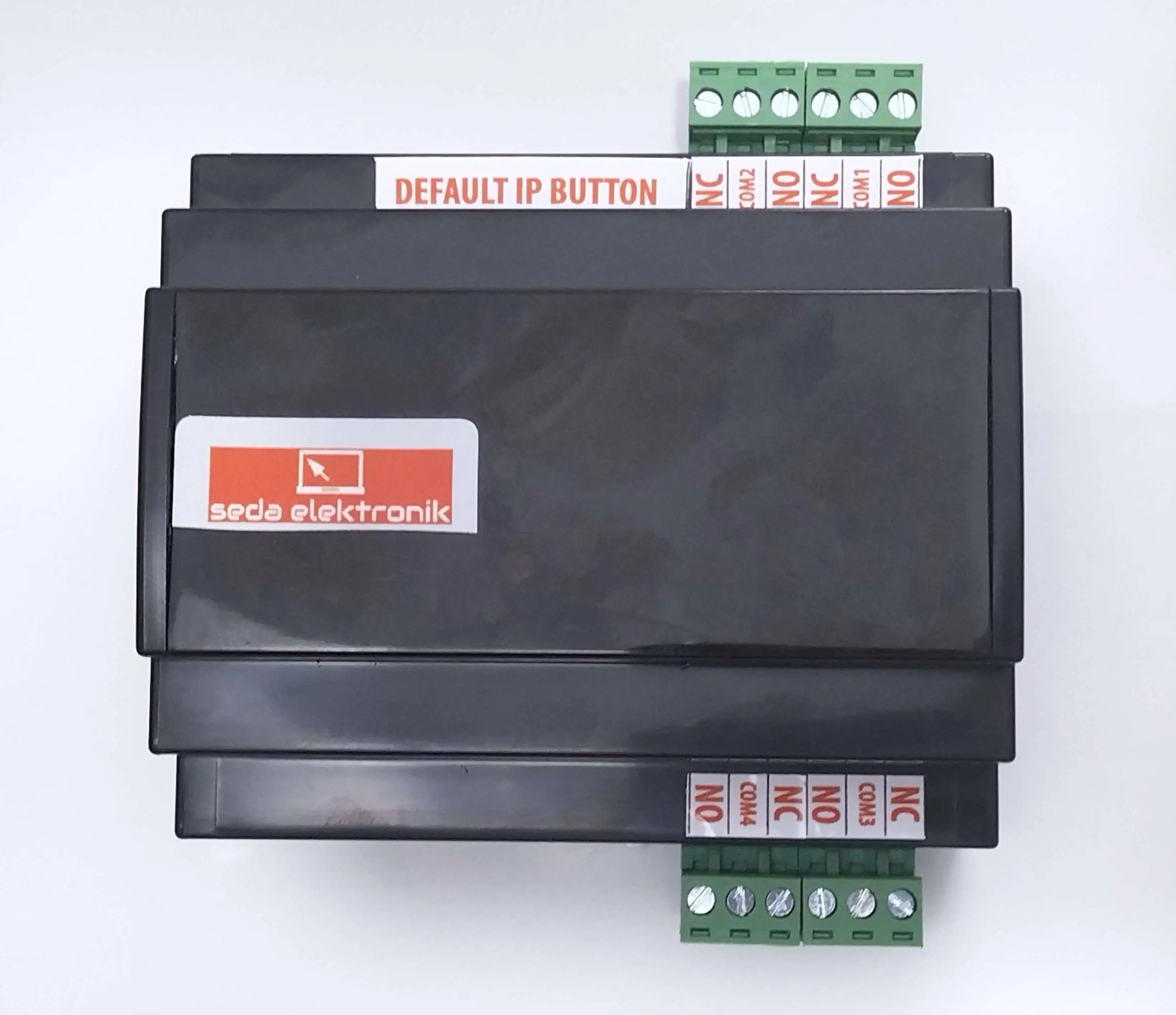 Network 4 Röle Kontrol 4 İnput Modülü - ön görünüm, RJ45 ve röle klemensleri görünür